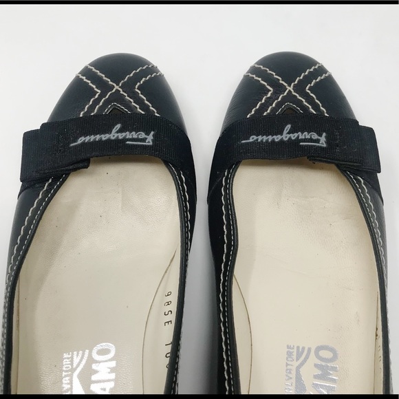 Ferragamo Black Ballet Flats Bow Stitching 6 B 6B - Picture 8 of 13
